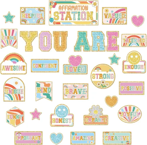 Miniatura 11 de Juego de tablón de anuncios motivacional de estación de afirmación pastel, tablero de anuncios de arcoíris pastel para decoración de pared de aula
