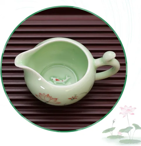 Miniatura 6 de DELIFUR Celadon Juego de té de porcelana hecho a mano con tema de loto, tetera de porcelana cubierta taza de té Gongdao taza de China
