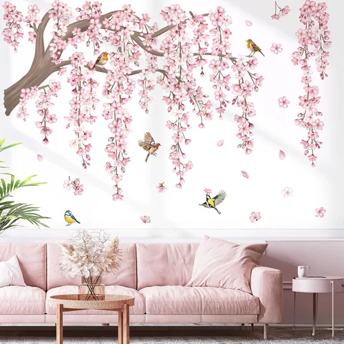 decalmile Calcomanías de Pared Grandes de Rama de Árbol de Flores Rosadas Cerezo en Flor Árbol Floral Pájaros Pegatinas de Pared Sala de Estar
