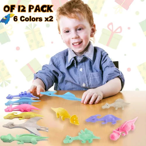 Miniatura 3 de Juguetes de Dinosaurio para Niños Rellenos de Calcetín 12pcs Juguetes de Dedo de Dinosaurio con Tirachinas para Niños Recuerdos de Fiesta, Juguetes