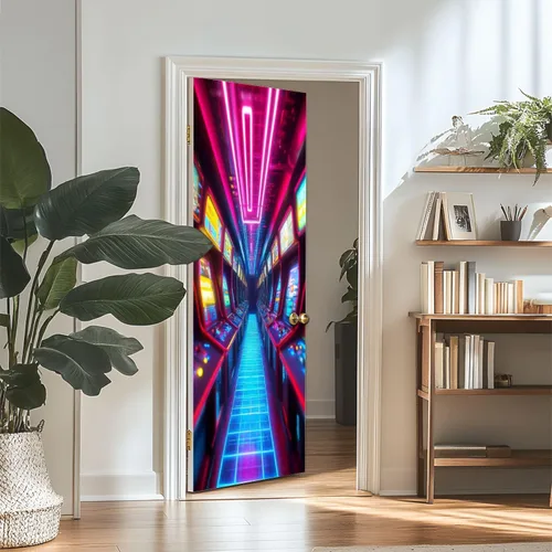 Miniatura 3 de Calcomanías para puerta, murales 3D, neón, retro, arcade, 80, máquinas de arcade, luces de neón, diseño retro, murales, papel tapiz autoadhesivo
