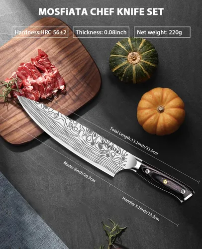 Miniatura 7 de MOSFiATA - Cuchillo de chef profesional súper afilado de 8 pulgadas con protector de dedos y sacapuntas, acero inoxidable alemán de alto carbono