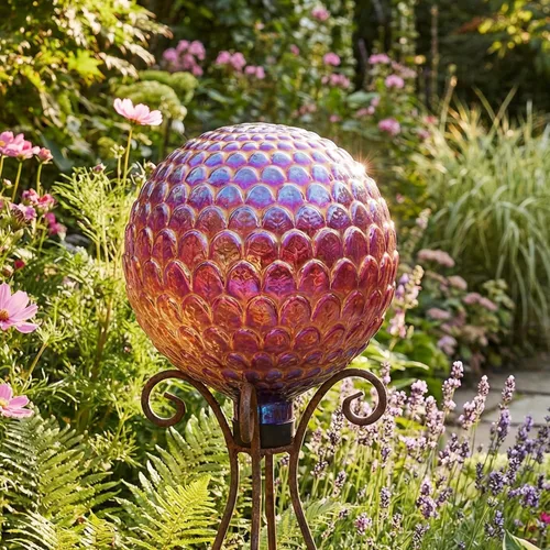Miniatura 7 de Sunnydaze - Bola de cristal de 10 pulgadas para jardín, globo decorativo para patio y patio trasero, textura festoneada roja, paquete de 2