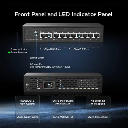 Miniatura 6 de Conmutador POE Gigabit de 10 puertos, 8 POE+ 1000Mbps, 2 Gigabit Uplink, IEEE802.3af/at, fuente de alimentación interna de 120 W, interruptor