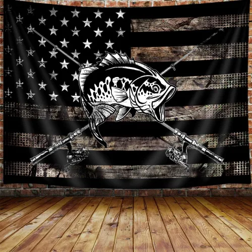 Miniatura 14 de Tapiz de Oso con Bandera Americana Country, Tapiz Rústico de Caza Camo Bass Bear en Blanco y Negro para Colgar en la Pared para Dormitorio de Oso
