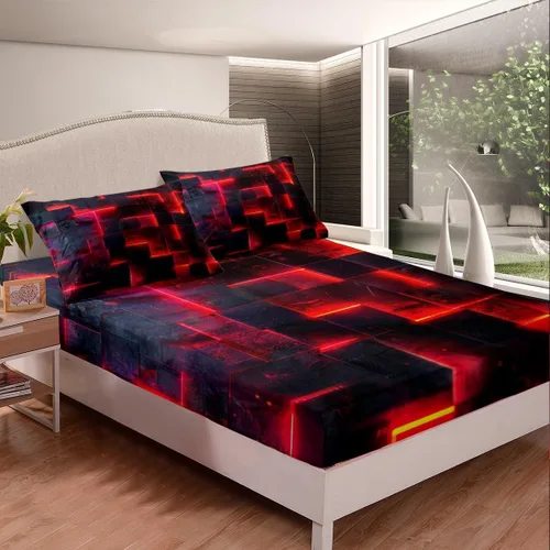 Miniatura 4 de Erosebridal Juego de sábanas de cama negro y rojo, juego de sábanas de tamaño individual abstracto moderno, sábanas a cuadros brillantes 3D, juego