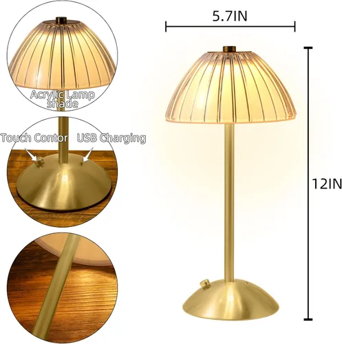 Miniatura 3 de HAPYGI Lámpara de mesa LED portátil con batería con sensor táctil, lámpara recargable de latón inalámbrico dorado, luz de noche, mesa