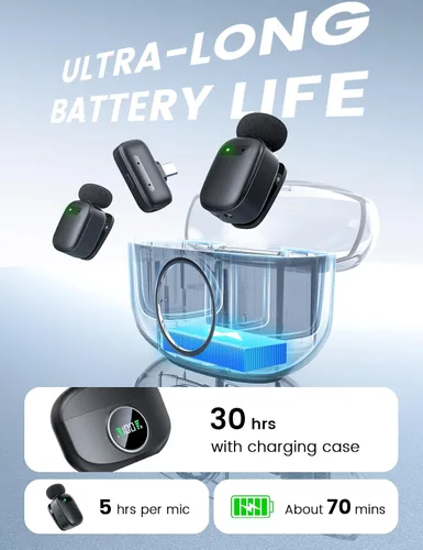 Miniatura 3 de Mini micrófono de solapa inalámbrico para iPhone y Android, micrófonos de clip dual con funda de carga de 30 horas, cancelación de ruido