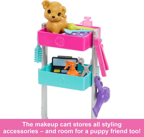 Miniatura 4 de Muñeca Barbie Estilista y 14 Accesorios, Muñeca Rubia "Malibu" de Barbie con Carro, Bata, Paleta de Maquillaje, Cachorro y Más
