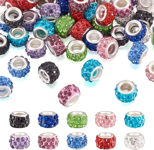 Miniatura 13 de Craftdady 150 cuentas europeas de arcilla polimérica con agujeros grandes, cuentas espaciadoras de diamantes de imitación, 15 colores con 6