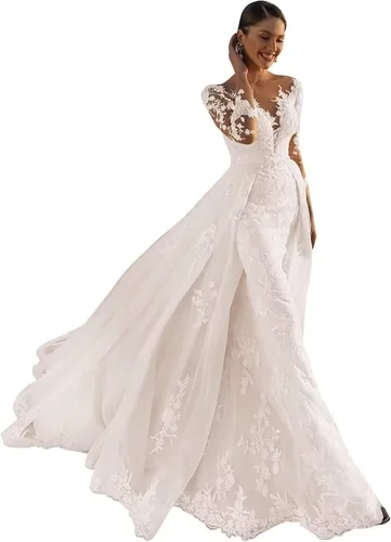 Miniatura 60 de Vestido de novia formal sin tirantes con encaje, largo de sirena para mujer 2019 WD162