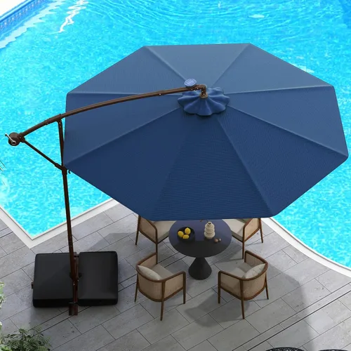 Miniatura 2 de Tangkula Sombrilla de patio de 10 pies con base incluida, sombrilla voladiza para exteriores con 40 luces LED solares, ajuste de inclinación, mango