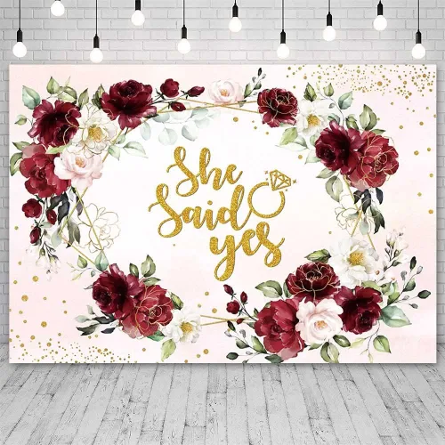 SENDY Telón de fondo floral burdeos de 7 x 5 pies con texto en inglés "She Said Yes" para despedida de soltera, boda, aniversario, fotografía, fondo