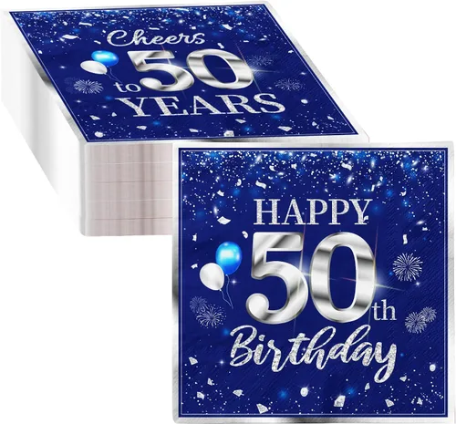 40 servilletas de cumpleaños número 50, decoraciones para fiestas, 50 años, color azul plateado, desechables, para cumpleaños, bebidas, postres,