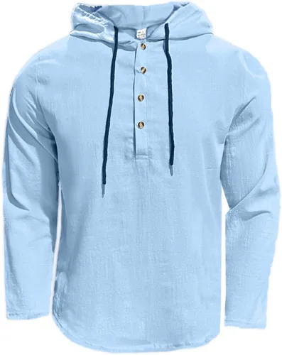 Miniatura 3 de Camisas de algodón y lino para hombre, estilo retro, hippie, guayabera, con capucha, manga larga, cuello en V, con botones, sudaderas con capucha