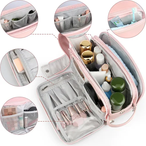 Miniatura 3 de Neceser para mujer, organizador de bolsa de viaje de maquillaje, bolsa de cosméticos de baño grande, kit de Dopp de viaje, bolsa de ducha, Rosa, L