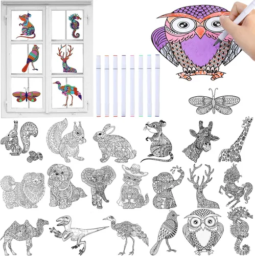 Leinuosen Juego de 28 piezas para colorear tu propia ventana con marcadores, kit de pintura para manualidades, arte de ventana, actividades
