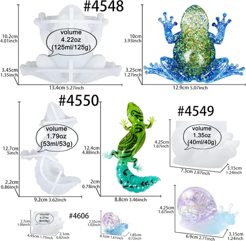 Miniatura 2 de Moldes de resina epoxi de silicona, 4 unidades variadas de caracol de lagarto de rana 3D