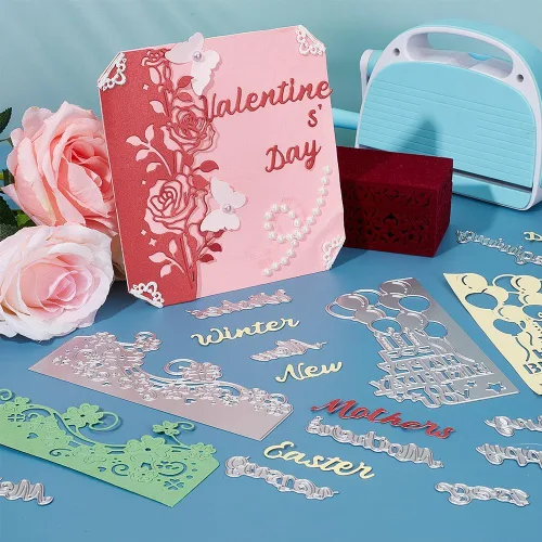 Miniatura 4 de INFUNLY 7 piezas de troquel de borde de flores de metal para hacer tarjetas de feliz cumpleaños, encaje, rosas surtidas, troquel de corte para Borde