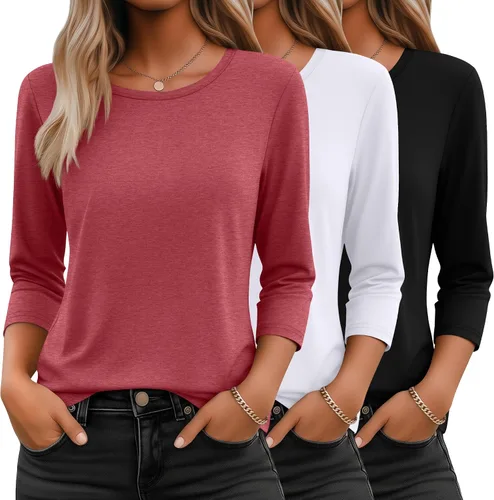 Miniatura 35 de Ficerd Paquete de 3 camisetas de manga 3/4 para mujer, cuello redondo, camisetas básicas elegantes, casuales, modernas, holgadas