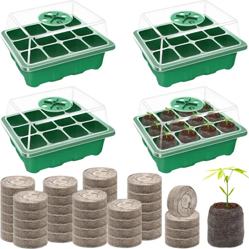 Halatool Paquete de 4 bandejas de inicio de semillas con 50 pellets de turba, 48 celdas de semillas verdes para semillas orgánicas, vainas de tierra