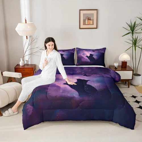 Miniatura 9 de Juego de edredón lindo de perro y gato, tamaño matrimonial, juego de ropa de cama colorido con estampado de patas de cachorro, 3 piezas para niños