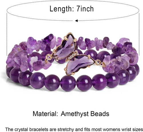 Miniatura 6 de GolbalJew Pulsera de Amatista para Mujeres Ansiedad Pulseras de Cuentas de Amatista Dijes de Mariposa Piedra Curativa Pulsera en Capas Regalos