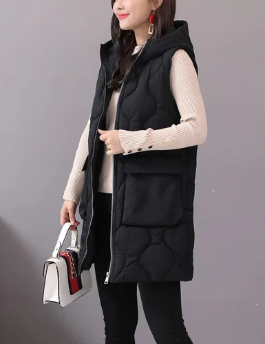 Miniatura 2 de HangNiFang Chaleco largo de invierno para mujer, con cremallera, acolchado, chaleco