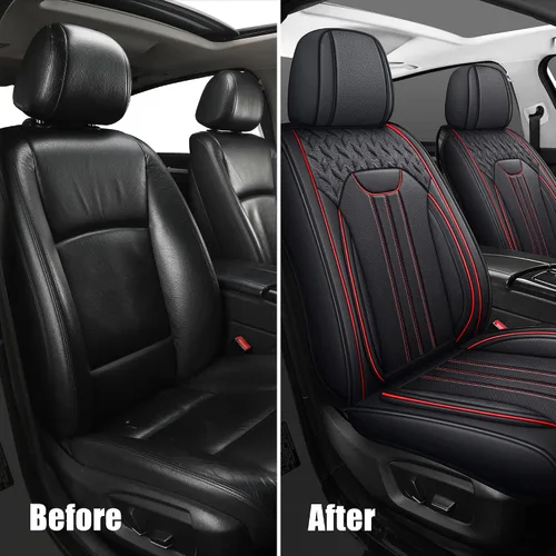 Miniatura 2 de LINGVIDO Funda de asiento de piel sintética (ajuste universal, línea roja negra), funda impermeable para asiento delantero de automóvil, SUV