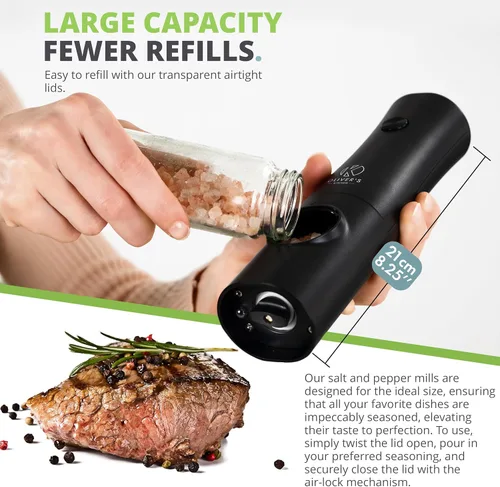 Miniatura 6 de Oliver's Kitchen ® Molinillos eléctricos de sal y pimienta, no requiere baterías con base USB-C recargable, fácil operación con 1 toque, grosor Negro