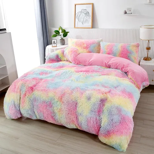 Miniatura 8 de PERFEMET Juego de cama de 3 piezas de felpa azul peluda tamaño queen, estampado de teñido largo, ropa de cama arcoíris de piel sintética para niñas