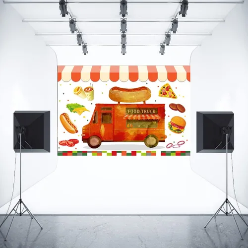 Miniatura 4 de Telón de fondo de camión de comida, 7 x 5 pies, para perros calientes, pizza, hamburguesas, cafeterías, camiones, tiendas, fondo de fotografía