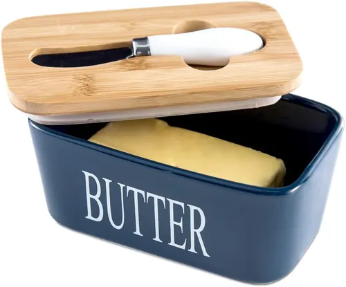 Miniatura 18 de Hasense Mantequillera de porcelana con tapa de bambú – Mantequera cubierta con cuchillo de mantequilla para encimera, recipiente hermético