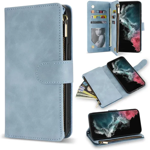 Miniatura 30 de ZZXX Funda para Samsung Galaxy S22 Plus con ranura para tarjeta, piel sintética suave de alta calidad, con cremallera, con correa para la muñeca