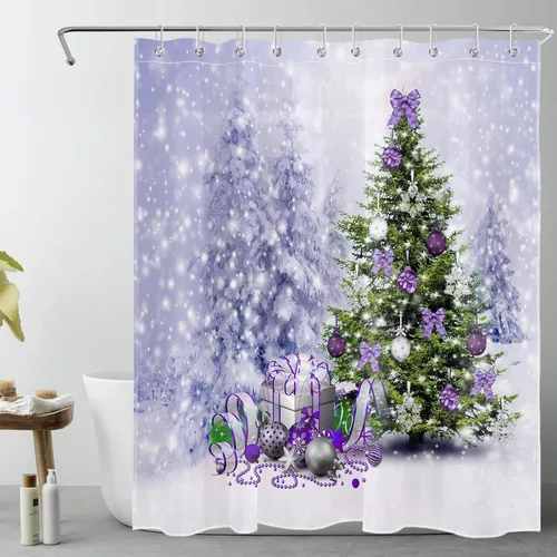 Miniatura 22 de EOBTAIN Cortina de ducha de hojas verdes de Navidad para baño, ramas de piña y abeto con bayas rojas sobre negro, cortina de ducha con 12 ganchos