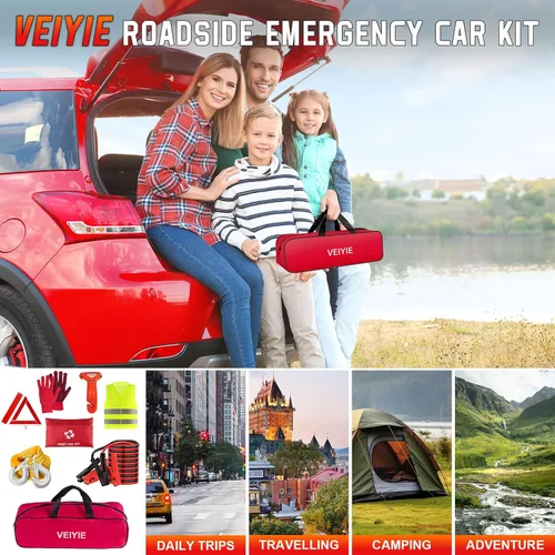 Miniatura 9 de Kit de emergencia en carretera para vehículos, kit de primeros auxilios de emergencia con compresor de aire portátil, cables de puente resistentes