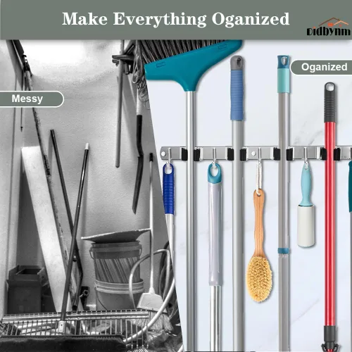 Miniatura 4 de Soporte de pared para escoba de fregona, de acero inoxidable, organizador de trapeadores para colgar en la pared con 4 abrazaderas, 5 ganchos