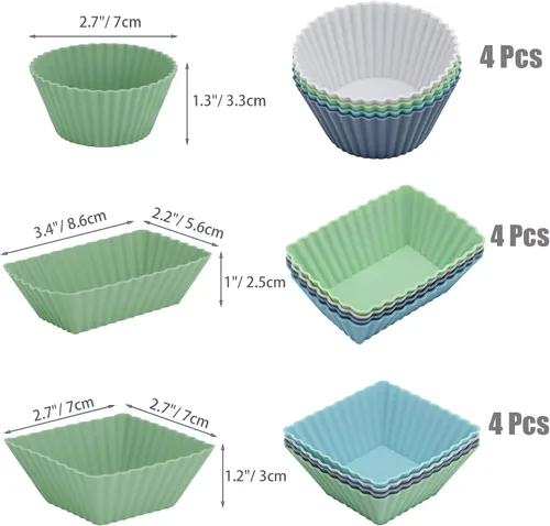 Miniatura 2 de Paquete de 12 moldes de silicona para cupcakes, moldes reutilizables para muffins – moldes redondos, cuadrados y rectangulares para hornear