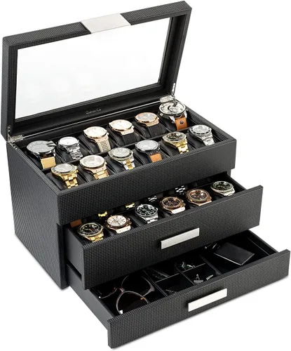 Miniatura 10 de Caja de reloj con cajón de Valet para hombre - organizador de exhibición de la caja de reloj de lujo de 6 ranuras, diseño de fibra de carbón