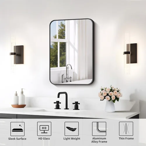 Miniatura 6 de FORBATH - Espejo de baño negro para sobre lavabo, espejo de pared de 16x24 pulgadas con marco de metal, esquinas redondeadas para baño, dormitorio
