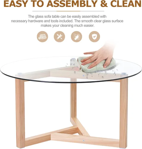 Miniatura 5 de Mesa auxiliar ovalada de vidrio templado de 3 capas con patas de madera de roble de almacenamiento, mesa auxiliar moderna para sala de estar