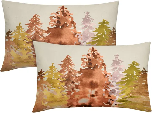 Miniatura 13 de Juego de 2 fundas de almohada de árbol azul verde acuarela de 22 x 22 pulgadas, estilo rústico, estampado de bosque natural, almohadas decorativas