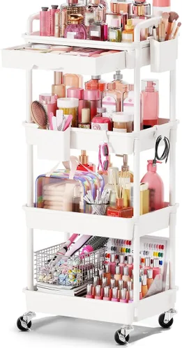 Miniatura 8 de Goovilla Carrito Organizador de Maquillaje Rodante con Cajón Extraíble, Carrito de Almacenamiento de Cuidado de la Piel de 3 Niveles Estable Negro