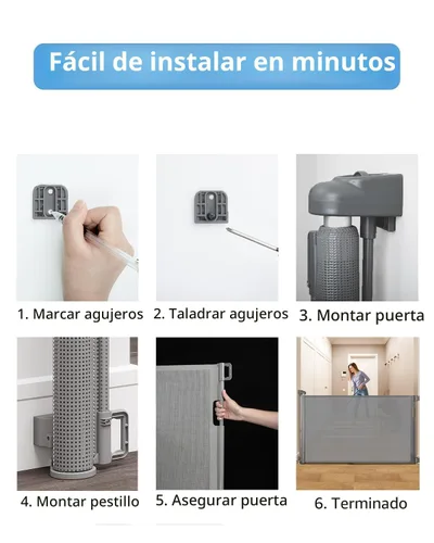Miniatura 5 de Veraste Puerta retráctil para bebés para puertas y escaleras, puerta de seguridad de malla para mascotas, uso en interiores y exteriores, operación