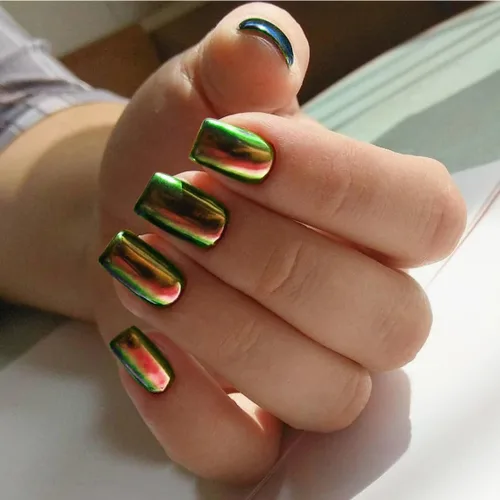 Miniatura 17 de Uñas Postizas Cuadradas de Cromo Púrpura Cortas Medianas para Presionar, KQueenest Uñas Acrílicas Falsas de Plateado Metálico Espejo para Presionar