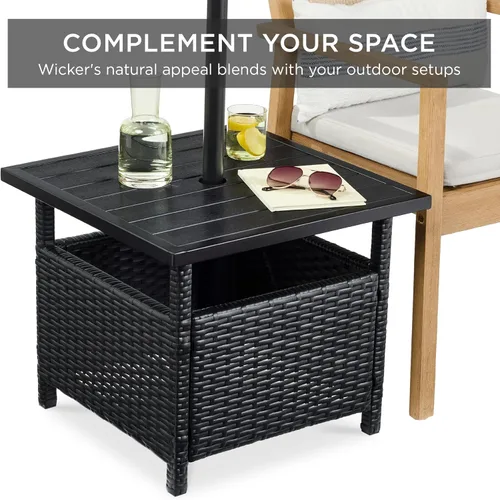 Miniatura 6 de Best Choice Products Mesa auxiliar de mimbre con agujero para paraguas, mesa auxiliar cuadrada de ratán de polietileno para patio, jardín, piscina
