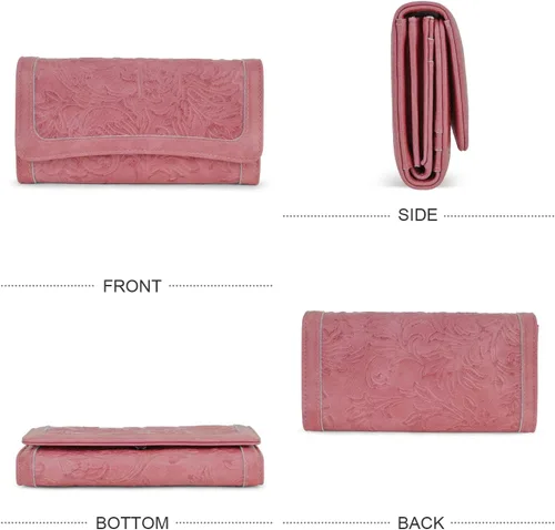 Miniatura 45 de MEITRUE Cartera de cuero para mujer, con bloqueo RFID, triple pliegue, con relieve, soporte para tarjetas, organizador de chequera para teléfono
