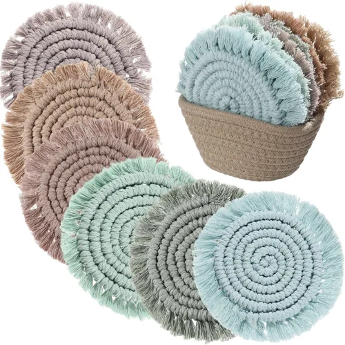 Miniatura 8 de Juego de 6 posavasos de algodón tejido bohemio absorbente con soporte para casa de campo, borla de macramé, regalo de inauguración de la casa