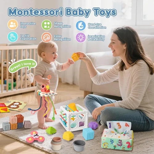 Miniatura 9 de Juguetes Montessori 6 en 1 para bebés de 6 a 12 meses — Juguete de cuerda de jalar, cubo sensorial, tazas apilables, caja de pañuelos, girador