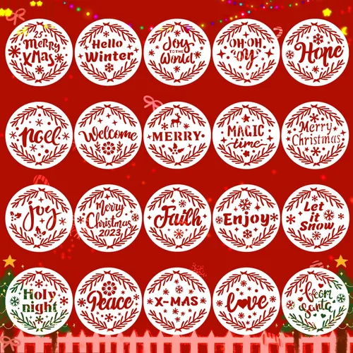 20 plantillas navideñas para pintar sobre madera, 3 x 3 pulgadas, pequeñas plantillas reutilizables de Feliz Navidad, plantillas redondas para